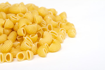 close up of a dried italian pasta on white background