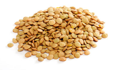 Brown lentils scattered on white background