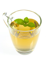 mint tea and leaves on white