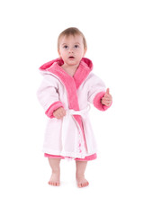 little cute girl in a bathrobe isolated on a white background