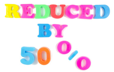 reduced by 50% written in fridge magnets