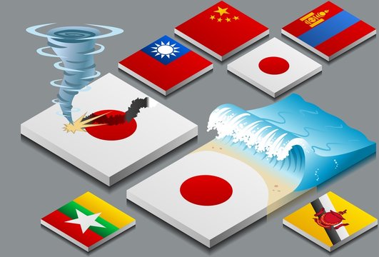 isometric representation of natural disaster, tzunami and typhon
