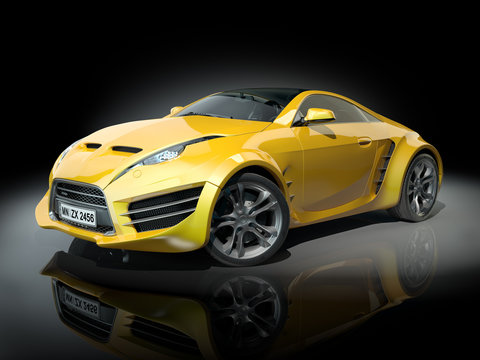 Yellow sports car on a black background. Non-branded car design.