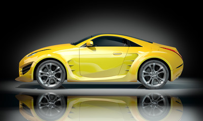Yellow sports car on a black background. Non-branded car design.
