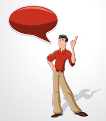 Cartoon man wearing red shirt talking with speech balloon
