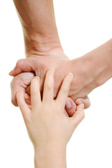 Hands the baby and parents on a white background.