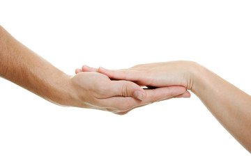 Hands of lovers on a white background.