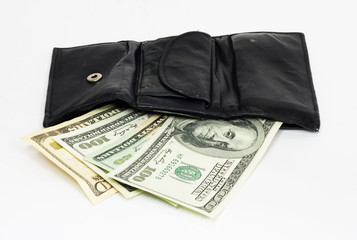 leather black wallet with ten and hundred dollars