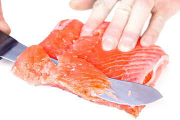 Slicing a salmon fillet