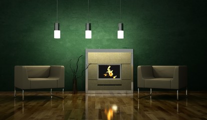 Wohndesign - Sessel vor Kamin beleuchtet