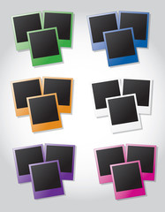 Groups of instant photos in different colors on gray background