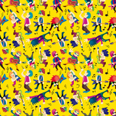 Cartoon Heavy Metal rock music band seamless pattern