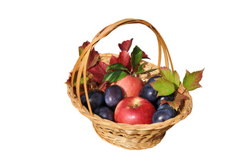 Obstkorb mit Äpfeln und Pflaumen, freigestellt