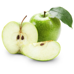 Green apples and half of apple Isolated on a white background