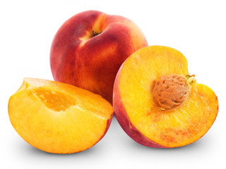 fresh peach fruits and half. Isolated on white background