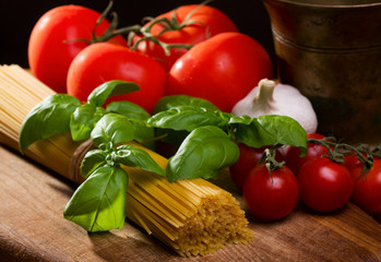 still life with pasta and vegetables