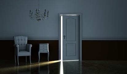 Wohndesign - Sessel vor beleuchteter Tür