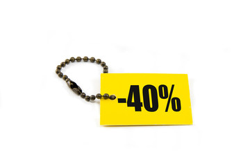40% price discount label tag with chain on white