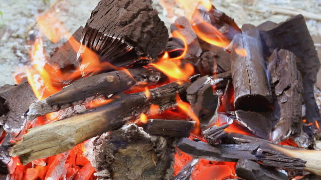 Burn fire with wood and charcoal