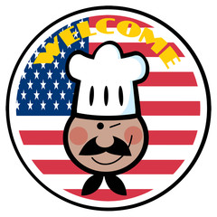 Black Chef Face Over An American Flag Circle With Welcome Text