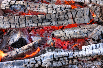 Closeup of a warm fire burning in a fireplace
