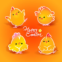 Easter card with four chickens (roosters and hens). Vector