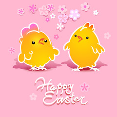 Easter card with two chickens (rooster and hen). Vector