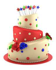 big round red and yellow cake isolated on white background