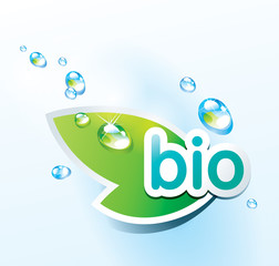 Icon bio with a green leaf and water drops. Vector illustration.