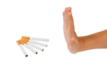 The hand rejects cigarette. Stop smoking.
