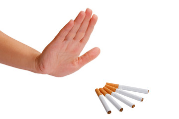 The hand rejects cigarette. Stop smoking.