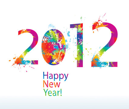 New Year's card 2012 with colorful drops and sprays on a white