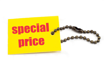 Yellow tag with chain showing special price