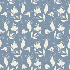 Seamless Pattern Flowers & Leafs Blue/Beige