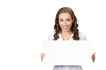 Fototapeta premium Businesswoman showing blank signboard, on white