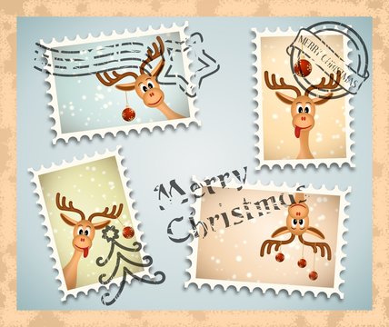 four postage stamps with christmas theme - funny reindeer