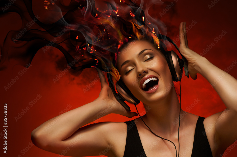 Wall mural girl with headphones