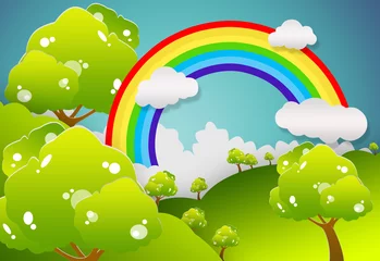 Fotobehang Het gras met een blauwe lucht en Rainbow © kangshutters