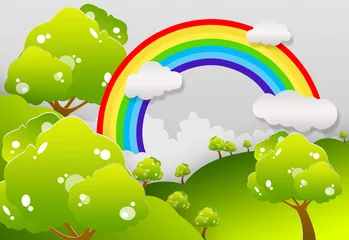 Fotobehang Het gras met een blauwe lucht en Rainbow © kangshutters