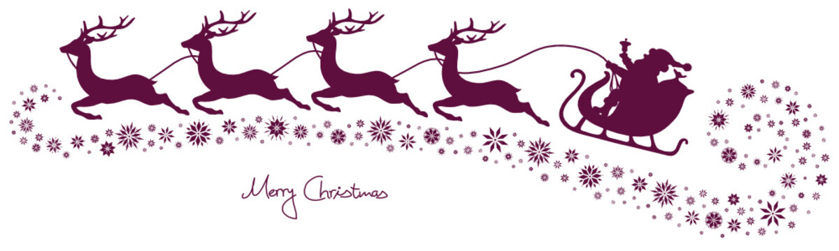 Christmas Sleigh, 4 Flying Reindeers & Snowflakes Purple