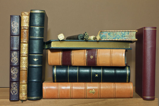 Library with old antique books traditionally bounded