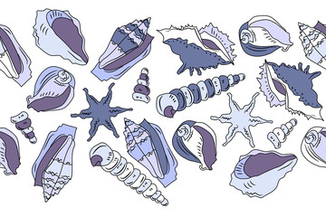 Seamless ocean background with different contour shells