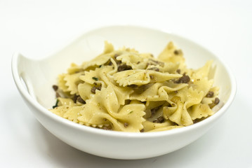 Butterfly-shaped pasta cooked with minced meat