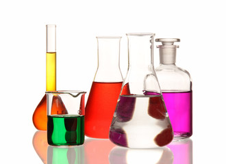 Laboratory glassware with various colored liquids