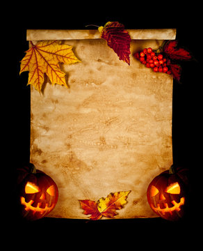 Halloween. Old paper with autumn leaves and pumpkin.