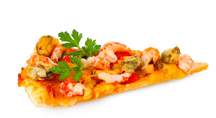 Delicious slice of pizza with seafood  isolated on white