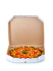 Delicious pizza with seafood in packaging isolated on white