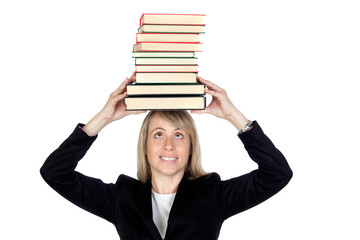 Blonde businesswoman with many books