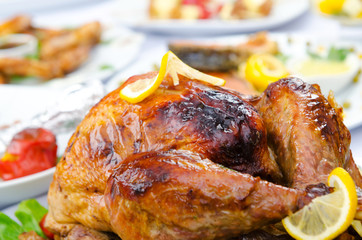 Roasted turkey on the festive table