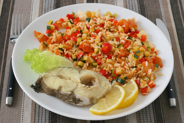 boiled fish with rice and vegetables